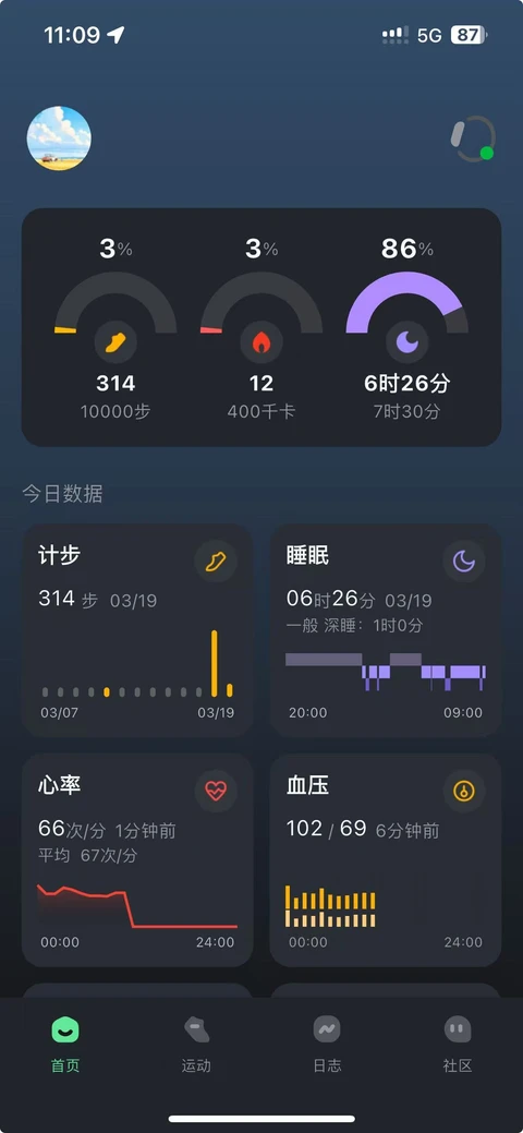 原始中文穿戴应用总览，展示设备状态、活动与健康信息模块。