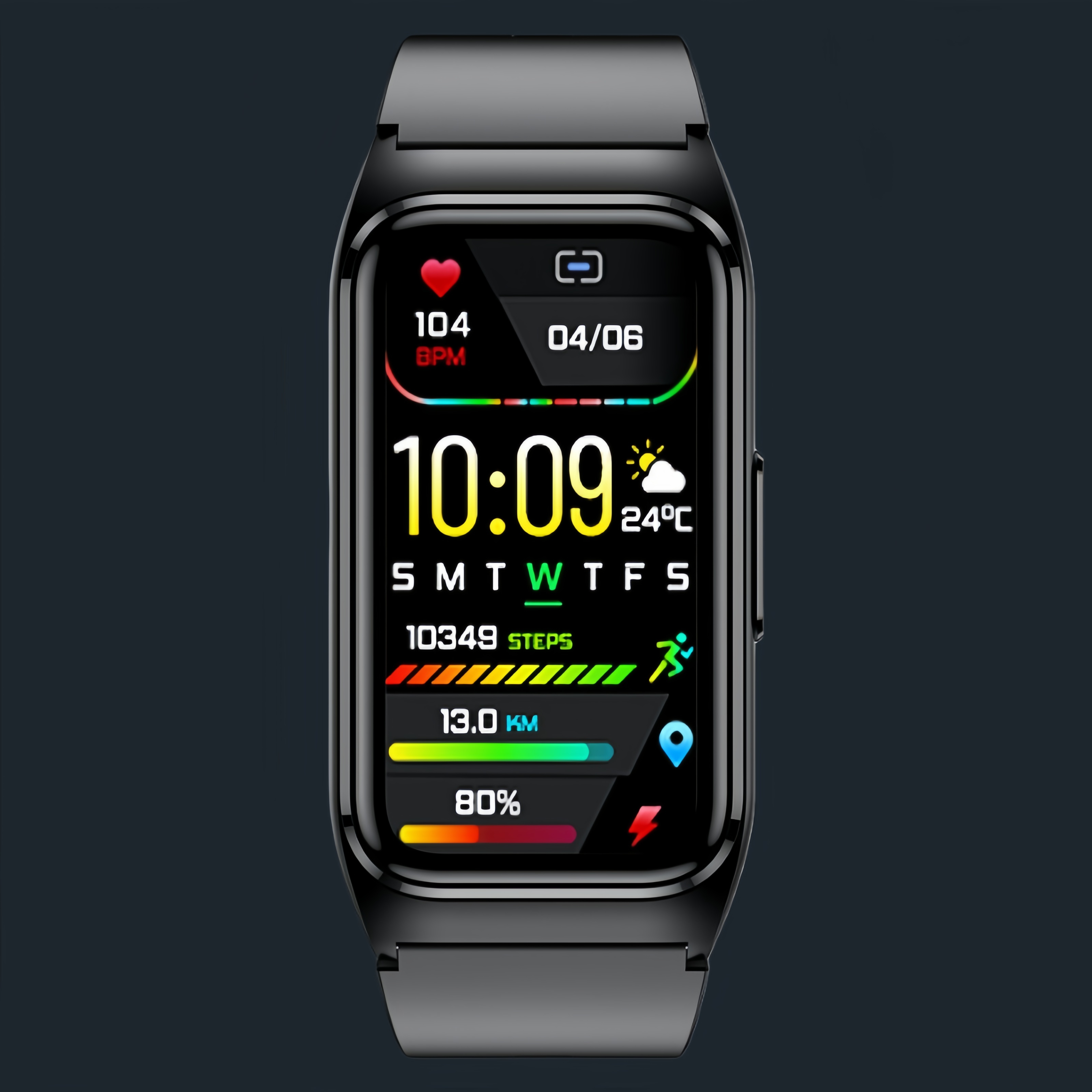 Supplied narrow black display band with its original color face showing time, activity information and status icons.
