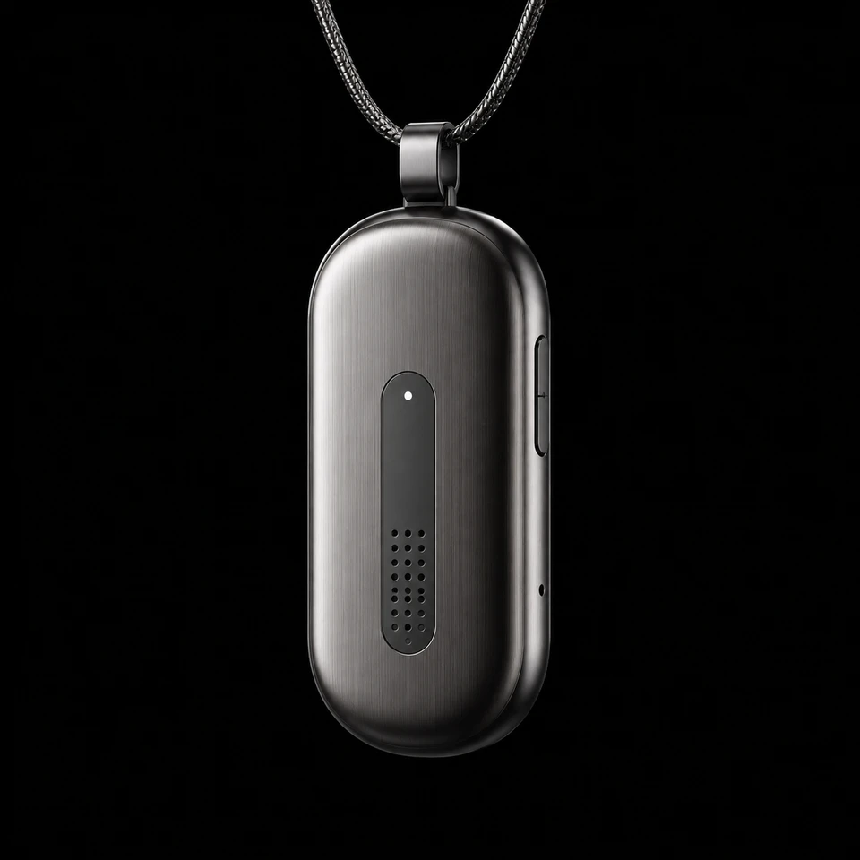 AI-generated metallic pendant appearance concept, suspended from a necklace against a black background.