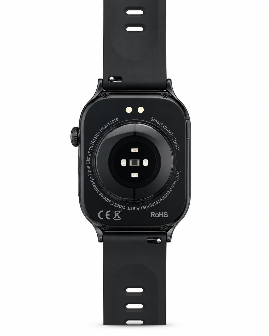 Supplied wearable rear view on white, showing the optical sensor window, contact pins and strap attachments.