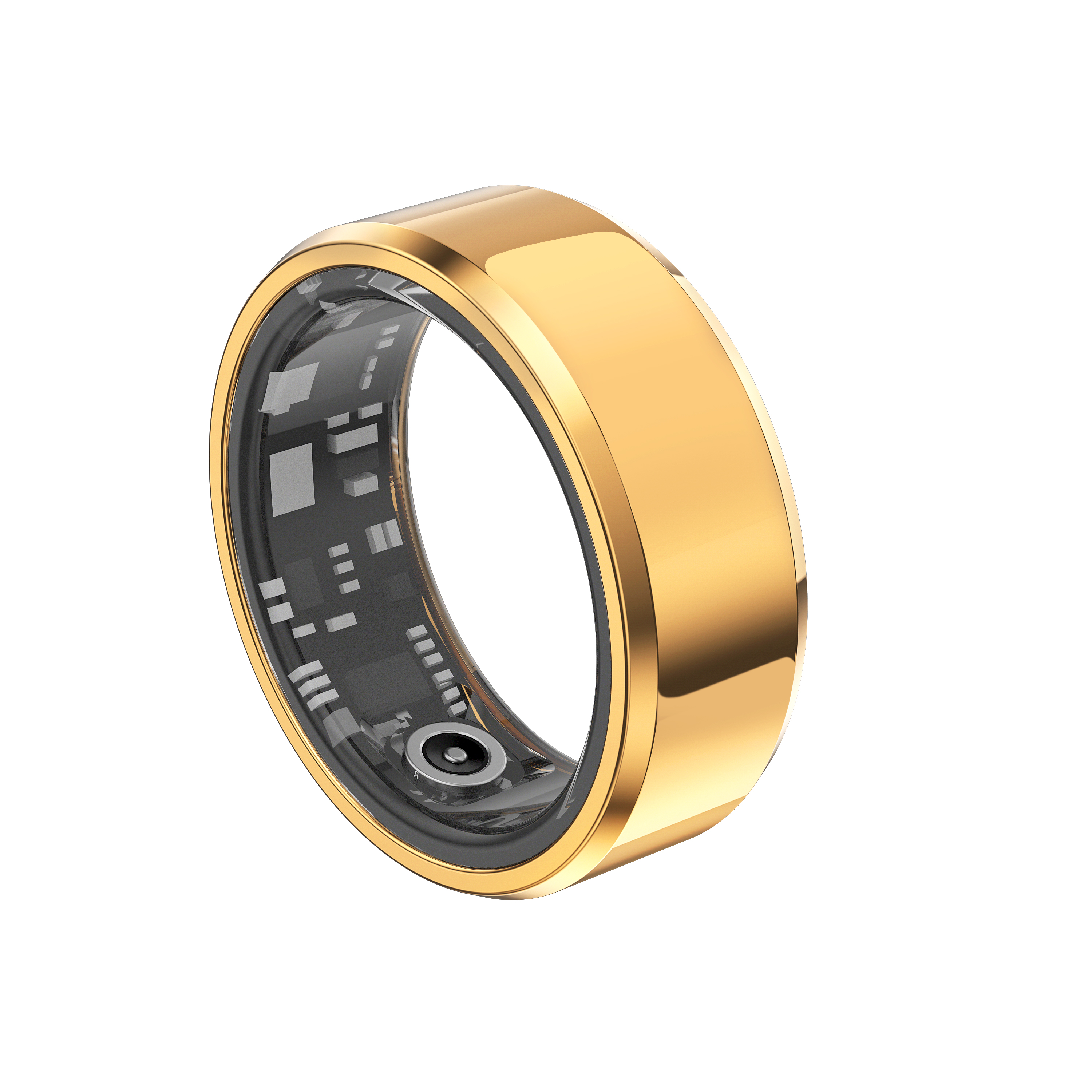Complete gold-toned smart-ring render showing its outer enclosure and inner sensor area.