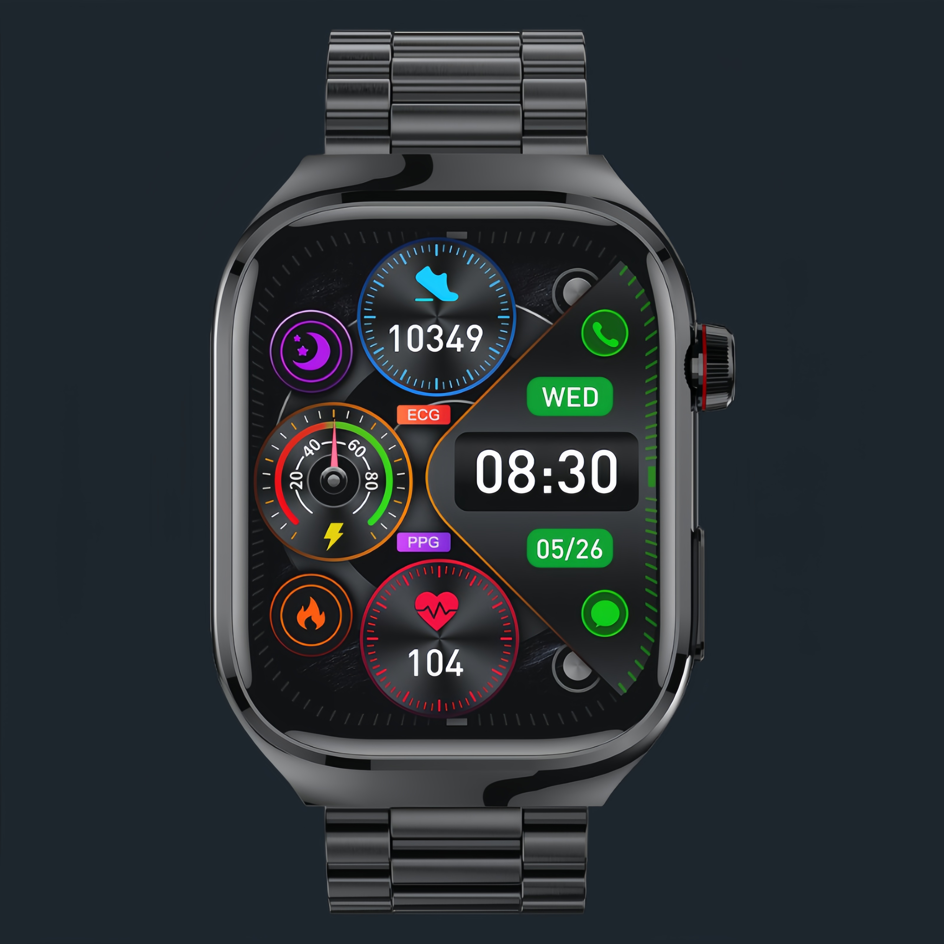 Complete supplied TK16 watch render with a metal-link strap, rectangular color display and side control.