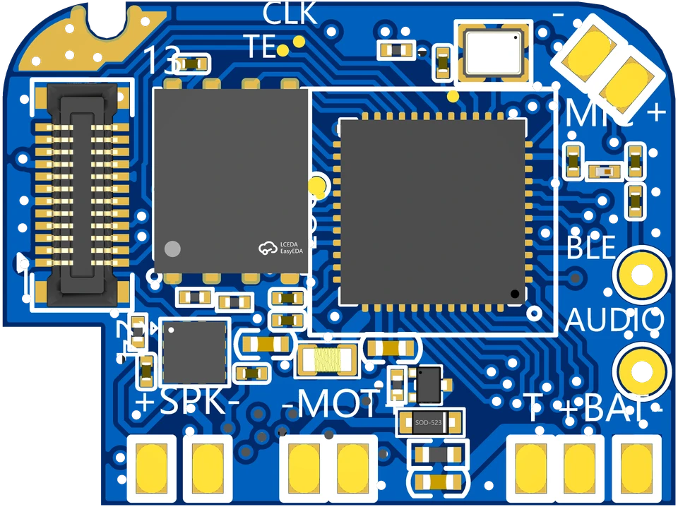Supplied compact wearable PCBA render showing component placements, routing and connection pads.